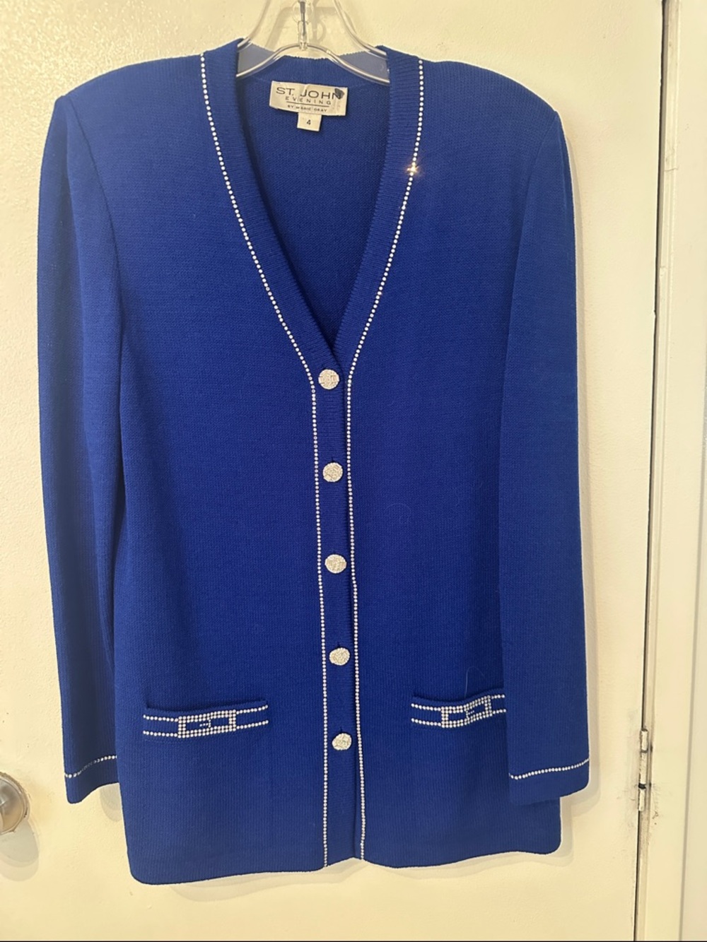 St. John Royal Blue Rhinestone-Trim Knit Cardigan